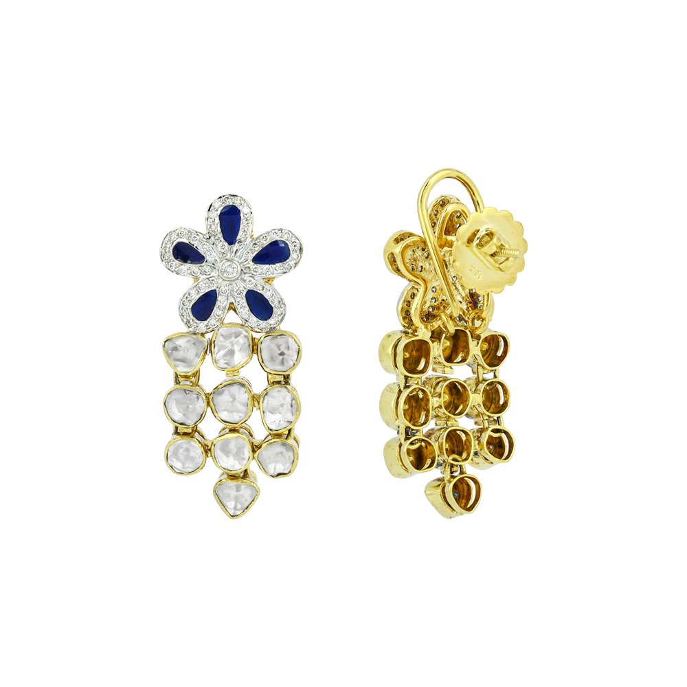 Floral Polki Earrings with Blue Stone and Cascading Polkis